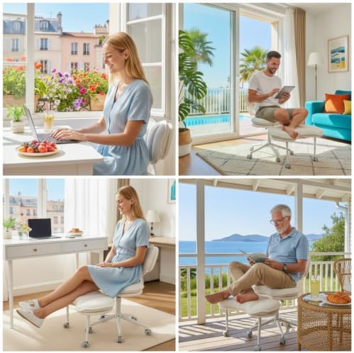 Ergonomic ADHD Criss Cross Legged Office Desk Chair - Meditation Kneeling Yoga Chair Adjustable Height with Wheels Lumbar Support, 360° Swivel Wider Footrest for Home Work, White