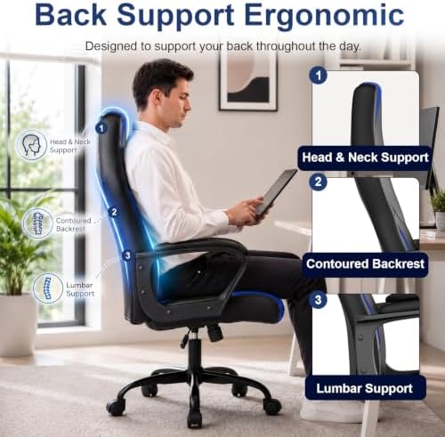 PayLessHere Gaming Chair Ergonomic Office Chair Computer Chair with Lumbar Support Ergonomic Pu Leather Adjustable Height Executive Chair for Women Men and Adults (Classic, Blue)