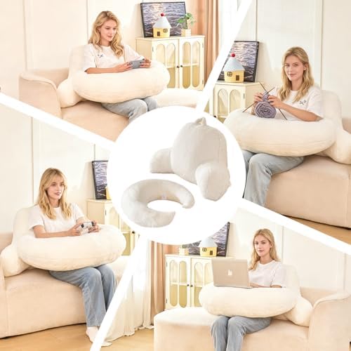 19" Reading Pillow for Bed,U Shaped Arm & Elbow Support,White Faux Fur