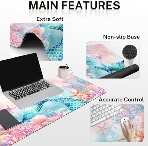 Britimes Keyboard Mouse Pad Set, 4 in 1 Desk Mat Set, Mermaid Pink Cute