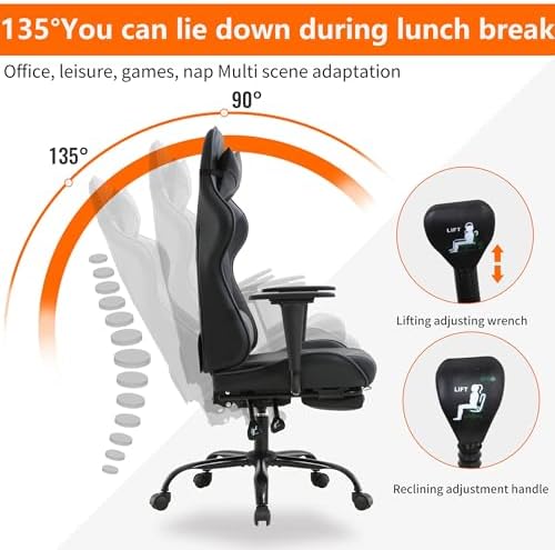 Gaming Chair, High Back PU Leather Gaming Chairs Computer Chair with Headrest & Lumbar Support, Height Adjustable Wide Seat Gaming Chairs for Adults, Game Chair with Footrest & Armrest