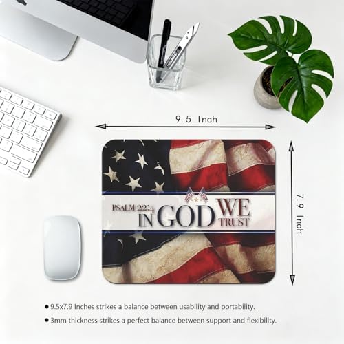 9.5x7.9 Inch Office/Gaming Mouse Pad, in God We Trust Psalm 22:4 Christian Bible Verse Scripture Quote, Vintage American Flag Patriotic Background Cute Anti-Slip Mat for Desk