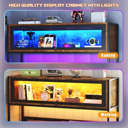 L Shaped Gaming Desk with Power Outlets & LED Lights, 49'' Reversible Computer Desk with Hutch & Pegboard & Display Cabinet, Corner Home Office Desk with Drawer & Keyboard Tray & Storage Bag, Rustic