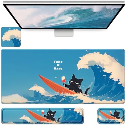 Desk Mat, Large Gaming Mouse Pad with Wrist Rest, 4in1 XXL Mousepad+Keyboard Wrist Rest+Mouse Pad Wrist Support+Cup Coaster Set Ergonomic Computer Desk Arm Wrist for Decor Home Office Women
