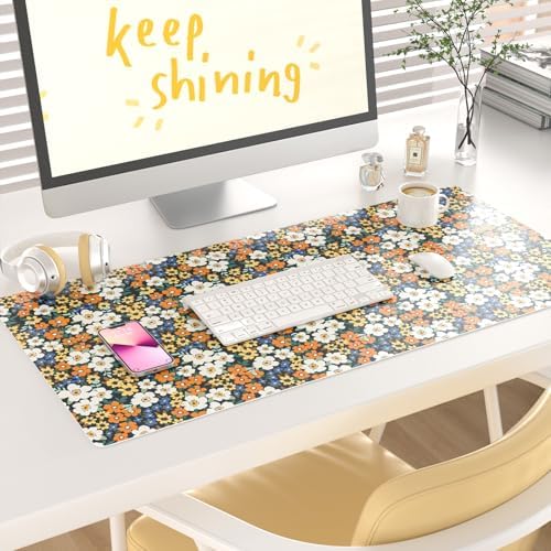 Faux Leather Large Mouse Pad, Office Desk Mat, 31.5"x15.7", Ditsy Flowers