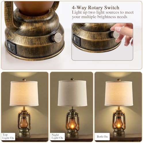 Set of 2 Farmhouse Lantern Table Lamps for Living Room with 2 USB Charging Ports, Rustic Vintage Nightstand Lamps with Nightlight for Bedroom End Table Entryway, 4 Bulb Included