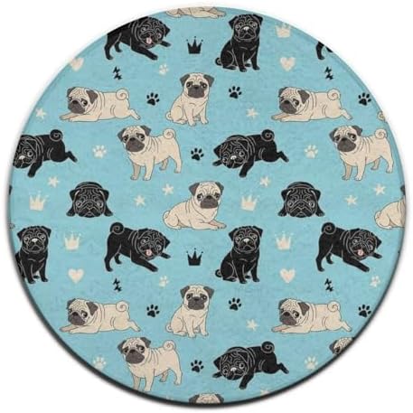 Machine Washable Modern Round Area Rug, Room Sofa Yoga Soft Round Carpet, Home Decor Non Slip Kitchen Office Circle Rug Pug Life
