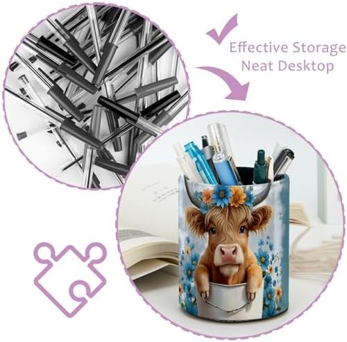Highland Cow Floral Rustic Pen Holder Pencil Organizer Cute Pencil Cup Desk Decor Makeup Brush Holder PU Multifunctional Office Supplies for Home Classroom School