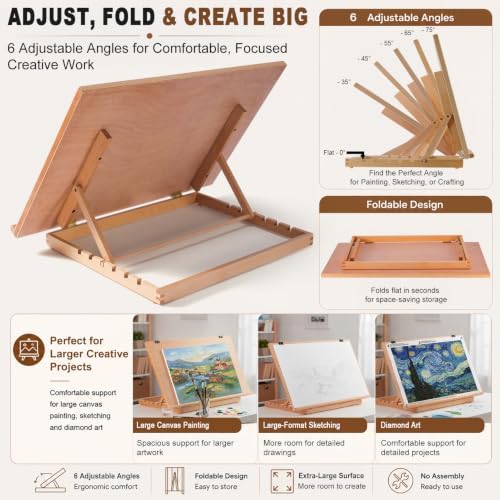 24.9"x17.3" Beechwood Tabletop Easel with Paint and Sketch Papers,Mask Tape