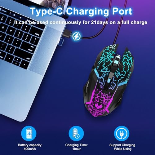 Wireless Gaming Mouse,Rechargeable Computer Mouse with Type-C Fast Charging, Ergonomic Mouse with 3 Adjustable DPI, 6 Silent Buttons, LED Light, Long Battery Life for Laptop, PC, Mac