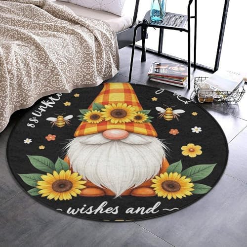Large Home Decor Mat, Soft Round Yoga Carpet, Non Slip Machine Washable Kitchen Office Circle Rug Sunflower Gnome