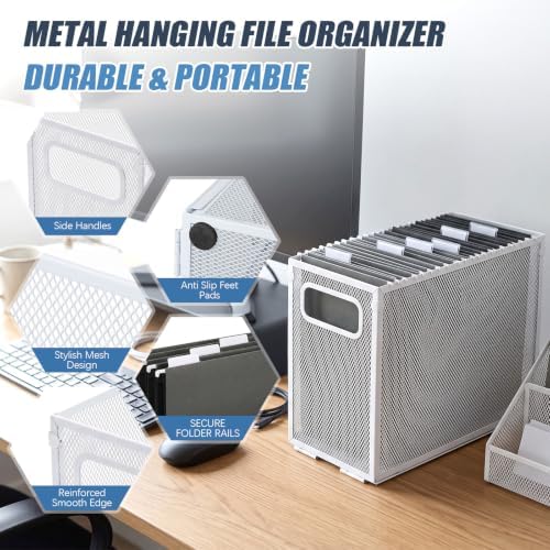 Zhengmy 3 Pcs Hanging File Organizer Letter Size File Holder Metal Mesh Filing Box Desktop Folder Letter Storage Cabinets Magazine Holder with Handles for Home Office School Document (White)