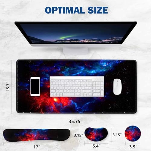 ToLuLu Extended Gaming Mouse Pad, Memory Foam Ergonomic Keyboard Mouse Wrist Rest Support Set, Large Desk Mat with Stitched Edges, Non-Slip Base Mousepad for Home Office and Game, Blue Red Galaxy
