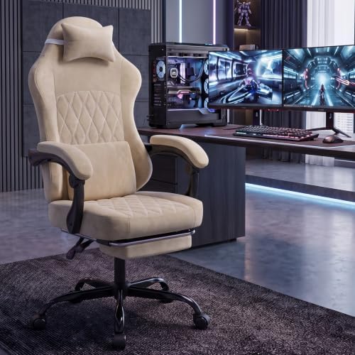 Video Gaming Chair Ergonomic Computer Chairs Gamer Chairs for Adults Massage Lumbar Support Swivel Height Adjustable Headrest Backrest Beige