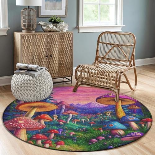Highly Premium Quality Floor Mat, Office Chair Decor Mat, Room Sofa Yoga Soft Round Carpet Trippy Mushrooms Art, 60inch