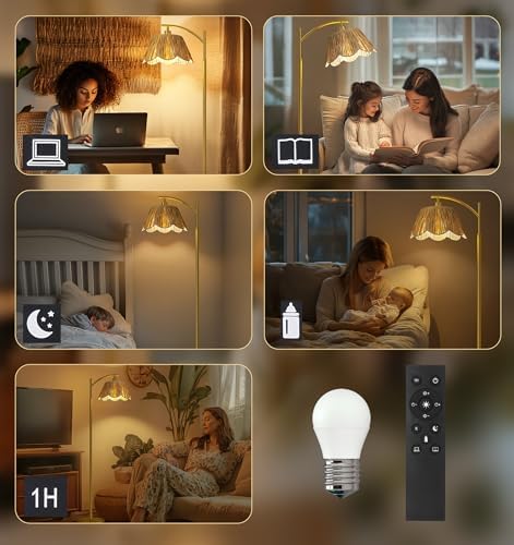 Oneach Boho Floor Lamp with 3 Color Temperatures, Farmhouse Floor Lamps for Living Room with Remote & Dimmable Bulb, Rattan Floor Lamp for Bedroom, Gold
