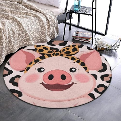 Large Home Decor Mat, Soft Round Yoga Carpet, Non Slip Machine Washable Kitchen Office Circle Rug Cute Pig Leopard Print Pink