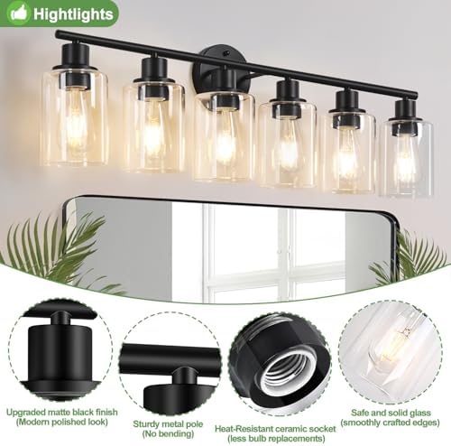 Zarbitta 6-Light Bathroom Light Fixtures, Black Modern Vanity Lights with Clear Glass Shade, Bathroom Wall Lamp for Mirror Kitchen Living Room Hallway Cabinet