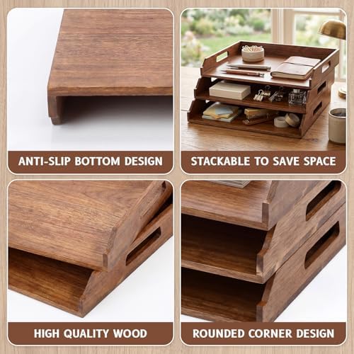 AceOrbit 3 Pcs Stackable Paper Tray Acacia Wood Desk Organizer Letter Tray