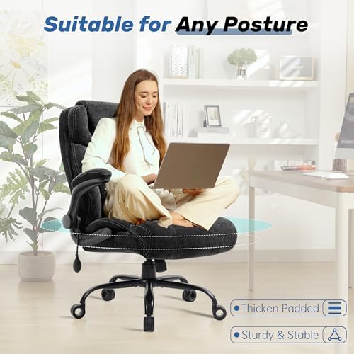 500LBS Big and Tall Executive Office Chair with Adjustable Lumbar Support,Extra Wide Seat Ergonomic Computer Desk Chair Flip-up Arm,Home Office Chair Spring Cushion Upgraded Metal Base, Fabric Black