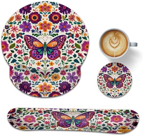 Keyboard Wrist Rest Pad Ergonomic Mouse Pad Set,Vintage Floral Butterfly 3 in 1 Memory Foam Mouse Pad with Non Slip Base for Office and Home