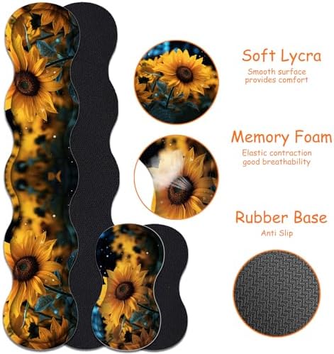 4 in 1 Mouse Pad Combo, Large Gaming Mouse Pad + Keyboard Wrist Support + Mouse Wrist Rest + Coaster, Table Pad with Stitched Edge Ergonomic Wrist Pad Set, Sunflower, You are My Sunshine
