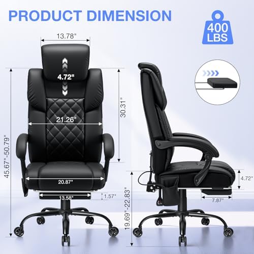 HOFFREE Reclining Office Chair with Lumbar Support and Adjustable Headrest 400lbs Executive Office Chair with Foot Rest PU Leather Ergonomic Desk Chair,Linkage Armrests,Black