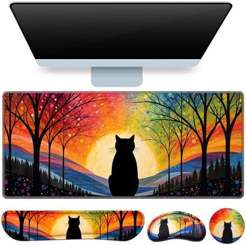 Mouse Pad with Wrist Rest Black Cat, 4-in-1 Large Mousepad Keyboard