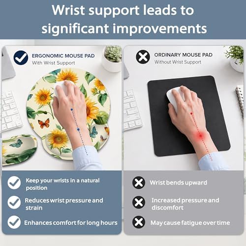 Sunflowers Keyboard Wrist Rest Pad Ergonomic Mouse Pad Set,Butterfly 3 in 1 Memory Foam Mouse Pad with Non Slip Base for Office and Home