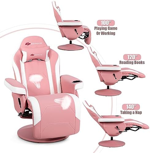 POWERSTONE Gaming Recliner, PU Massage Gaming Chair with Footrest, Cup Holder, Headrest and Side Pouch, Adjustable Single Sofa Living Room Chair(Pink)