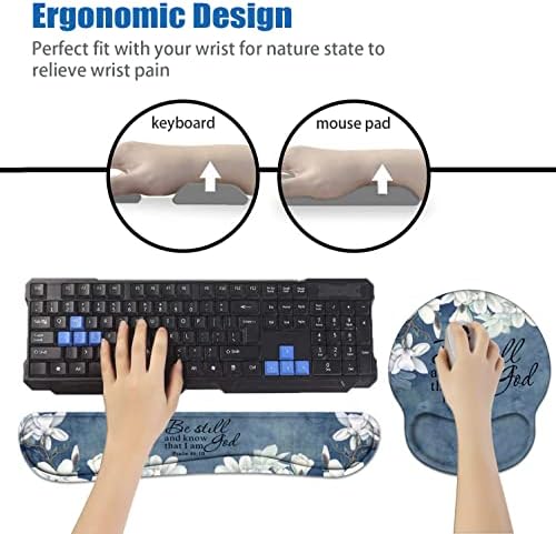 Keyboard Wrist Rest and Mouse Pad Wrist Support Set with Coasters, Christian Bible Verse Psalm 46:10 Wrist Mouse Pad with Non-Slip PU Base for Home Office Working Studying Easy Typing & Pain Relief