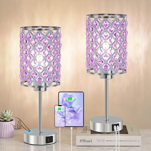 GyroVu Purple Crystal Bedside Table Lamps Set of 2 with USB C+A Ports