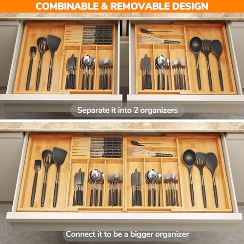 BAMEOS Expandable Silverware Drawer Organizer with Removable Knife Blocks, Bamboo Kitchen Utensil Holder from 21" to 36", Large Cutlery Tray with Divider for Forks, Spoons, Knives
