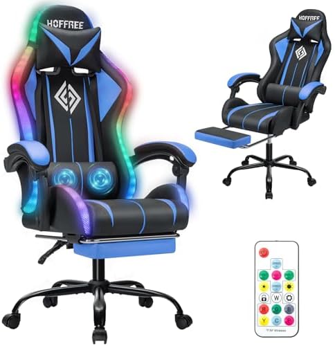 HOFFREE LED Gaming Chair with Massage RGB Lights Computer Game Chair-Blue