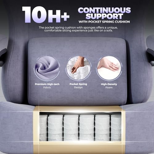 GTPLAYER Big and Tall Gaming Chair Fabric with Pocket Spring Cushion, High Back Ergonomic Computer Chair with Footrest for Adults Lumbar Support Swivel Game Chair for Office 350LBS, Macaron Purple