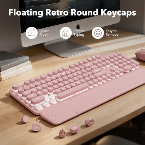 Rechargeable Backlit Wireless Keyboard and Mouse Combo, Retro Typewriter Keyboard with Magnetic Wrist Rest, Light Up Letters, 2.4GHz Cordless Connection for Mac, Windows PC, Laptop (Glowing Pink)