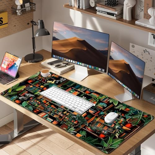 Mouse Pad with Wrist Support 4 in1 Set, XXL Big Game Mousepad + Keyboard Wrist Rest + Mouse Wrist Rest Pad +Coaster Gaming Mat for Home Office Work Computer Laptop PC I Green Vine Book Forest