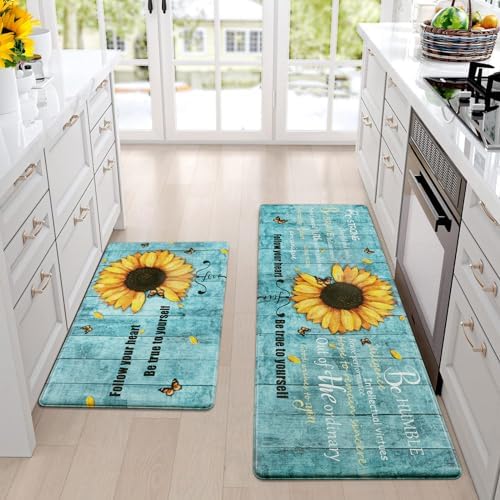 Likiyol Sunflower Kitchen Rugs Set of 2 Anti-Fatigue Mats, Spring Non-Slip Washable Floral Standing Floor Mat, 18''x30''+18''x48'' (Blue)