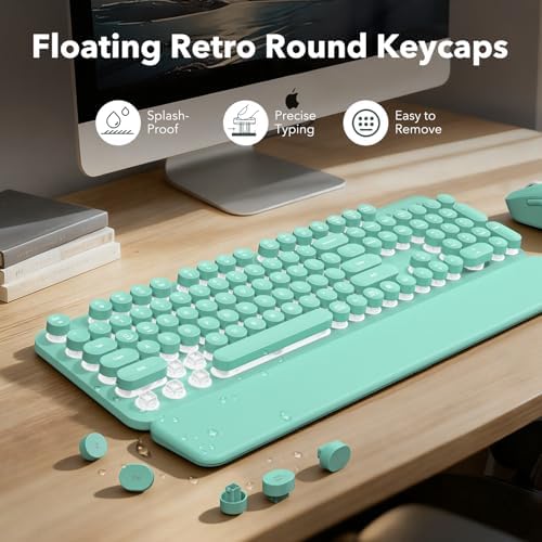 Wireless Keyboard and Mouse Combo, Backlit Round Keycaps, Retro Typewriter Keyboard with Detachable Wrist Rest, Rechargeable & Tilt Legs, 2.4GHz Cordless Connection for Windows/PC (Glowing Turquoise)