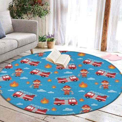 Soft Round Yoga Carpet, Office Chair Decor Round Mat for Carpet and Hardwood Floors Red Fire Truck Cartoon, 36inch