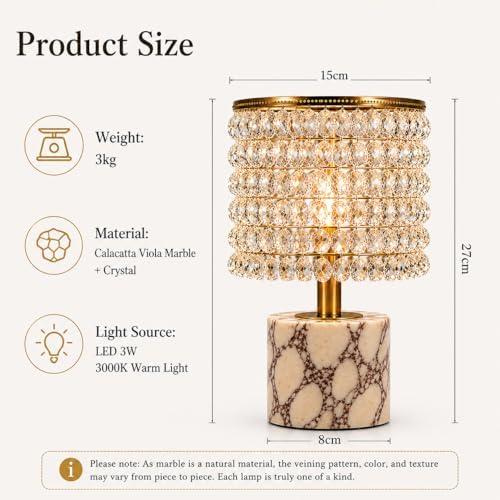 Morlok Marble Lamp with Natural Calacatta Viola Marble Base, K9 Crystal Shade & Gold Metal Frame, 4000mAh Rechargeable Lamp, 12–48H Battery Life, 3-Level Dimming 3000K Warm LED Home Decor Gift