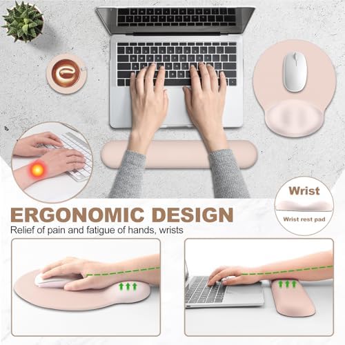 AIMSA Mouse Pad with Wrist Rest Support, Keyboard Wrist Rest Set, Ergonomic Memory Foam Mousepad for Computer Keyboard, Easy Typing and Pain Relief, Apricot