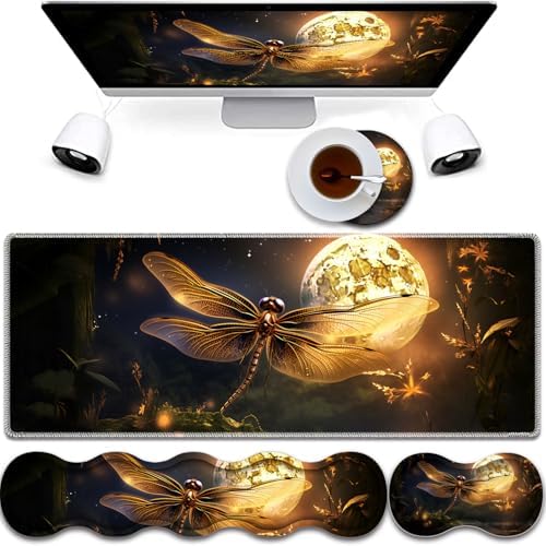 4 in 1 Mouse Pad Combo, Large Gaming Mouse Pad + Keyboard Wrist Support + Mouse Wrist Rest + Coaster, Table Pad 31.5 "x 11.8" with Memory Foam Ergonomic Wrist Pad Set, Dragonfly Under The Moon