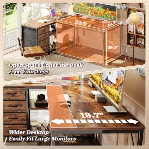 PRAISUN 53" L Shaped Desk with Power Outlets & 4 Drawers