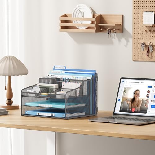 Lavatino Desk Paper File Organizer - Metal Mesh with 2 Letter Trays, 7 Flexible Dividers, 2 Vertical File Folder Holders for Office/Home/Classroom Supplies, Desk Organizers and Accessories, Grey