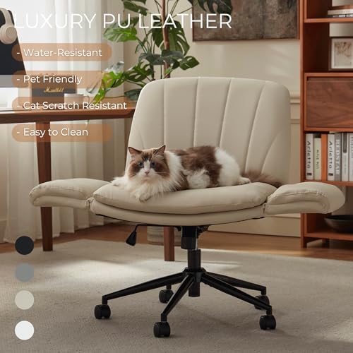 Dowinx Criss Cross Chair with Five-Level Adjustable Arms and Wheels - Comfortable Ergonomic PU Leather Swivel Vanity Chair - Computer Makeup Gaming Chair for Home Office, Bedroom, Vanity Room (Cream)