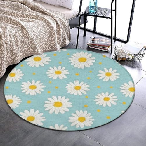 Women's Large Home Decor Mat, Soft Round Yoga Carpet, Non Slip Machine Washable Home Office Circle Rug Daisy Flowers