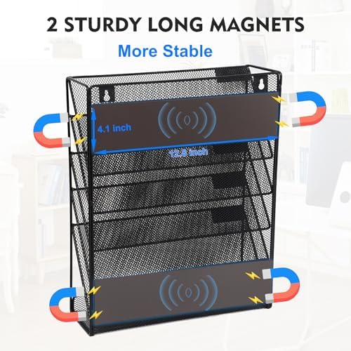 EASEPRES Magnetic File Organizer Mesh 6-Tier, Hanging Wall Mount File Organizer Vertical Holder Rack for Office Home, Black
