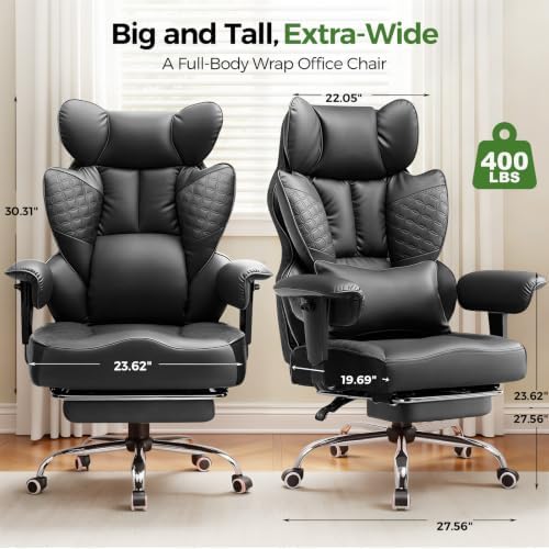 GTPOFFICE Big and Tall Office Chair 400LBS Wide Seat Computer Gaming Chair with Footrest & Comfy Lumbar Support, Leather High Back Executive Chair with Ergonomic Pressure Relief Seat Cushion, Black
