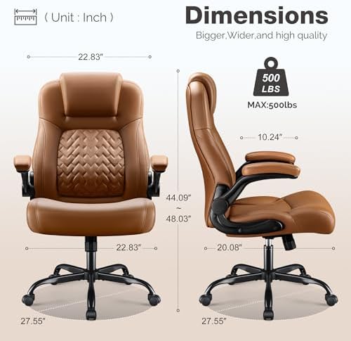 Furmax Big and Tall Office Chair 500lbs, Heavy Duty Office Chairs, Ergonomic High Back Desk Chair, Adjustable Flip Up Armrest Executive Chair Made of PU Leather, Computer Chair for Gaming Desk (brown)